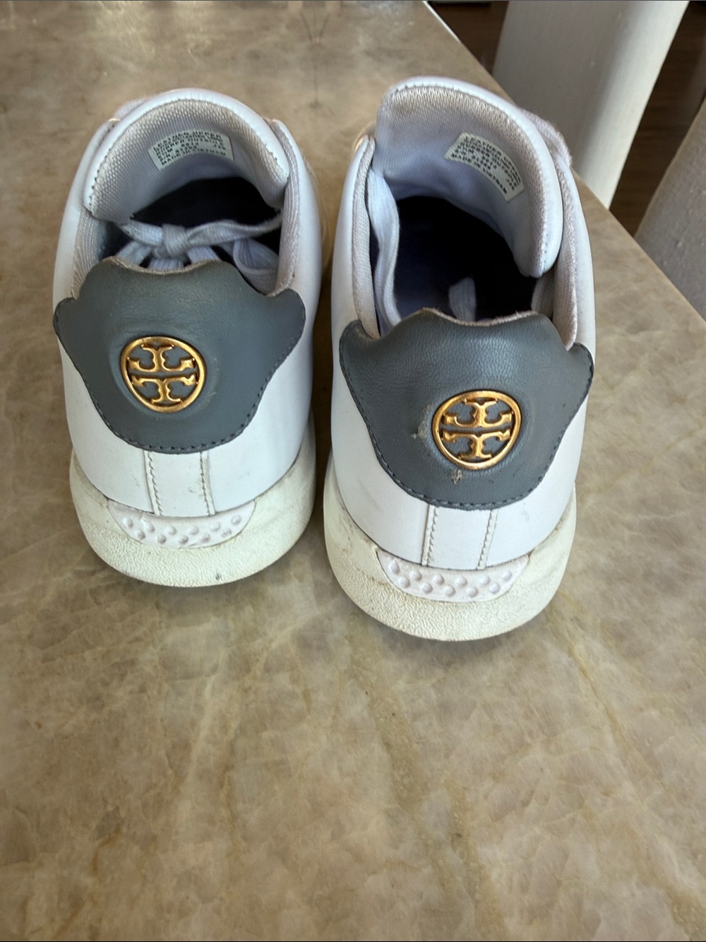 Tory Burch White Howell Court Sneakers with Gray Heel and Gold Logo Medallions
